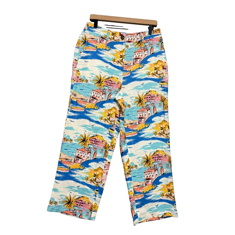 Boden Linen Pants Womens 8 Multicolor Wide Leg Coastal Resortwear Mediterranean